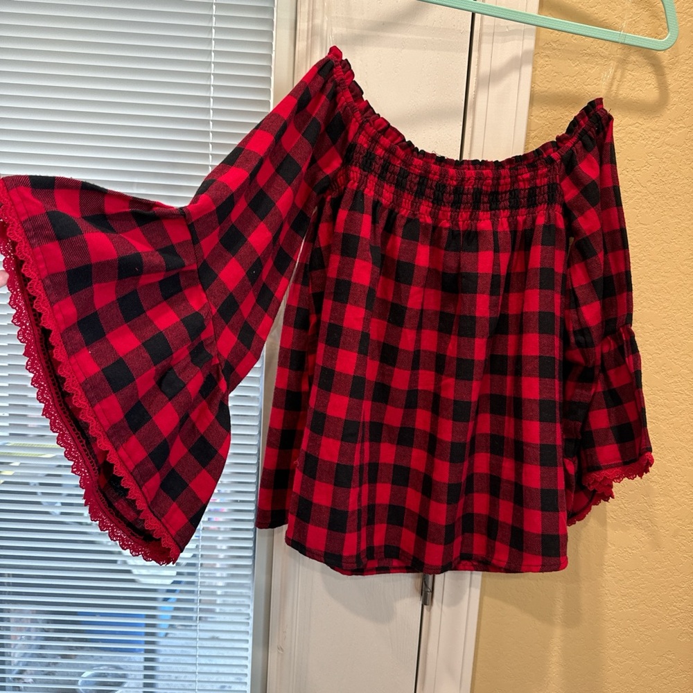 Red and Black Plaid Off-Shoulder Top